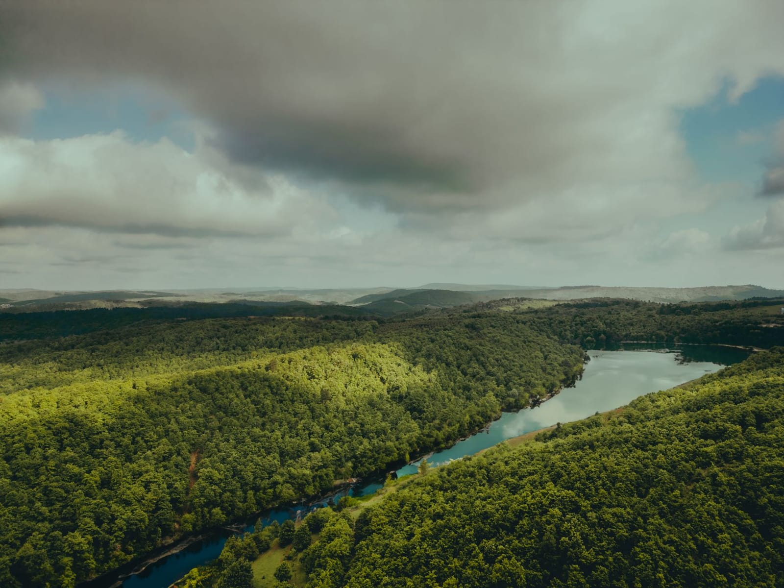 Vue aérienne de la rivière Göksu serpentant à travers la forêt près d'Ağva.
