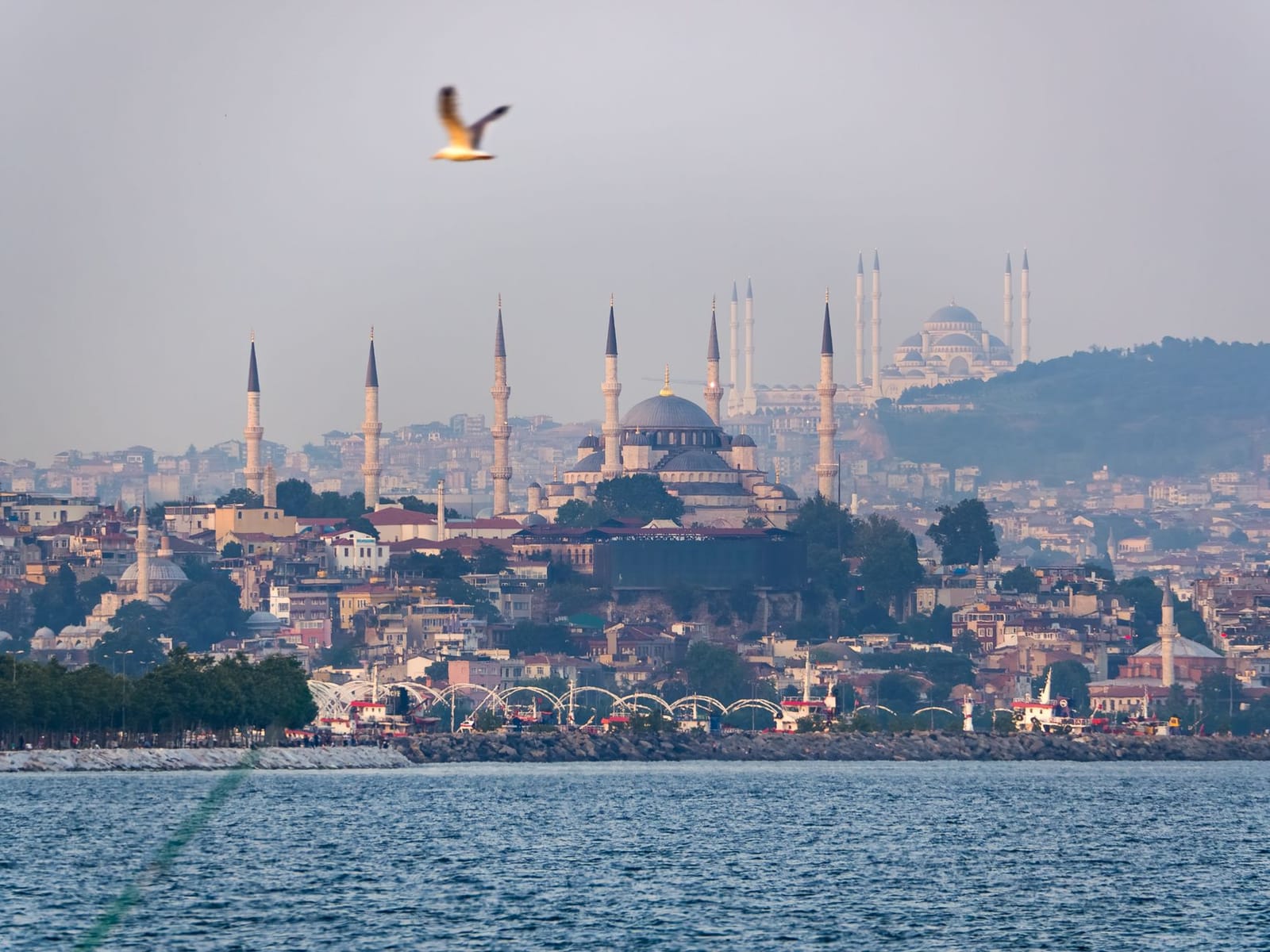 Silhouette de la Mosquée bleue et ses six minarets depuis la mer.