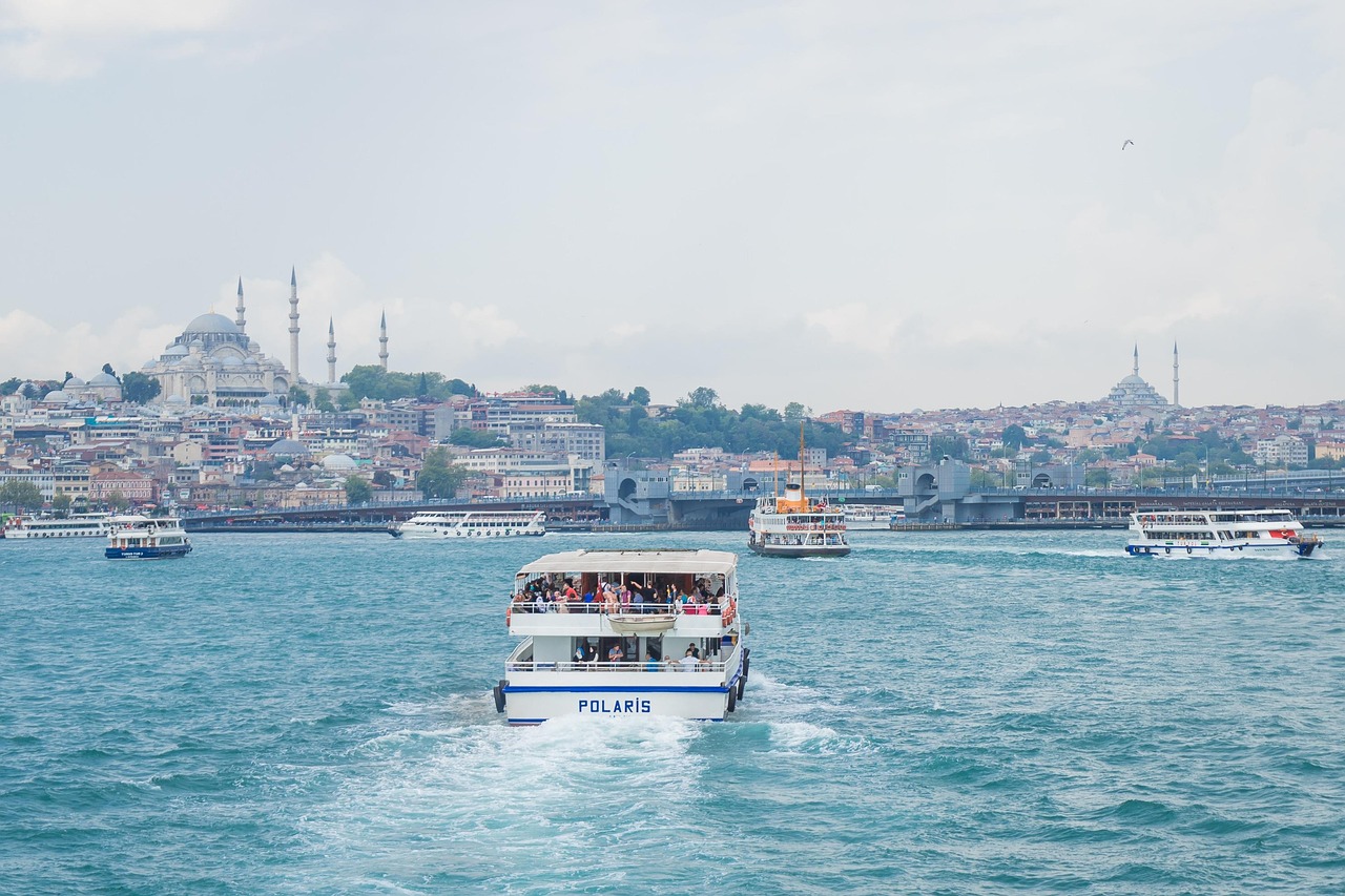 Des bateaux de transport circulent devant les monuments historiques sur les rives d'Istanbul.