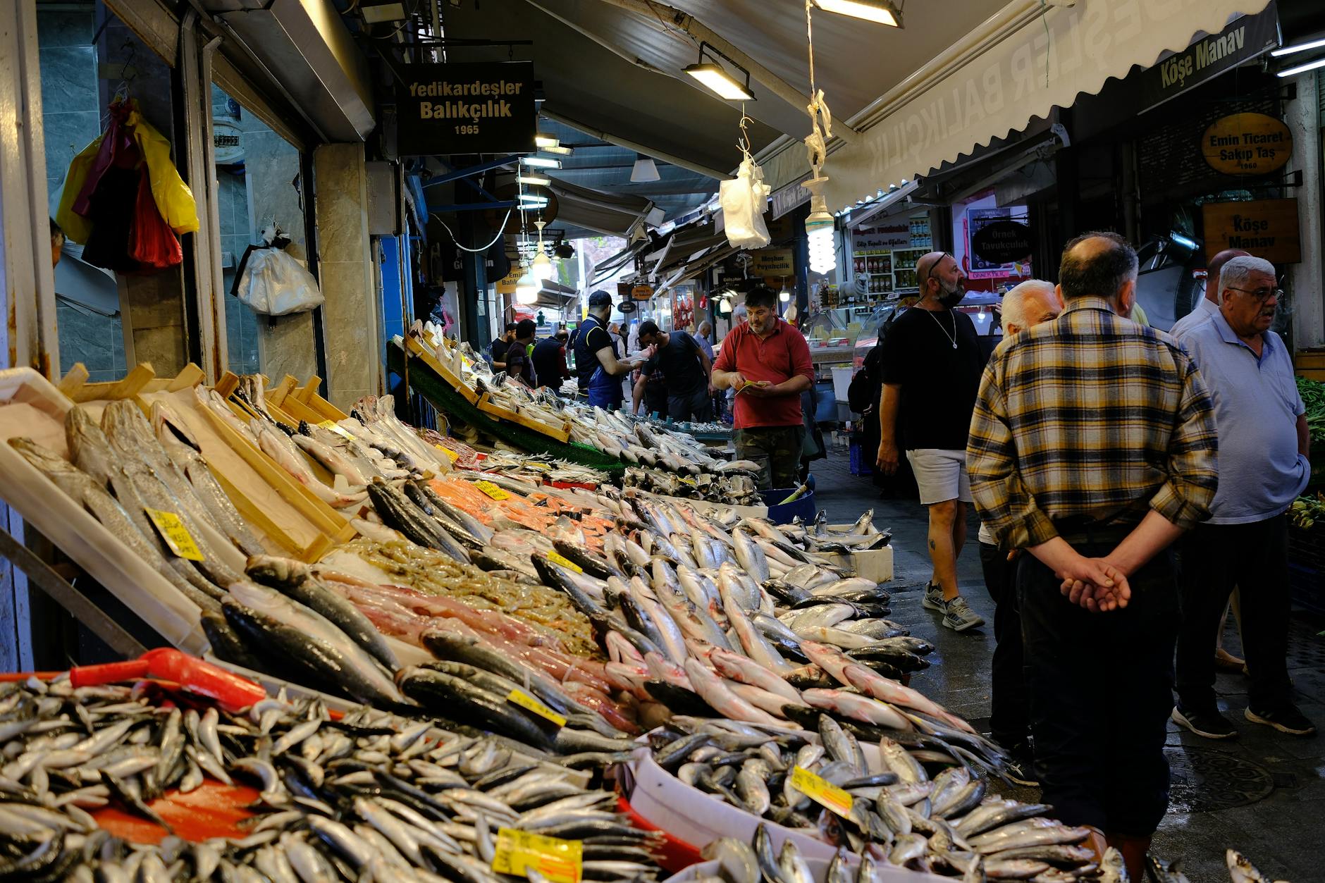 Les étals colorés du marché aux poissons de Karaköy attirent les clients locaux.