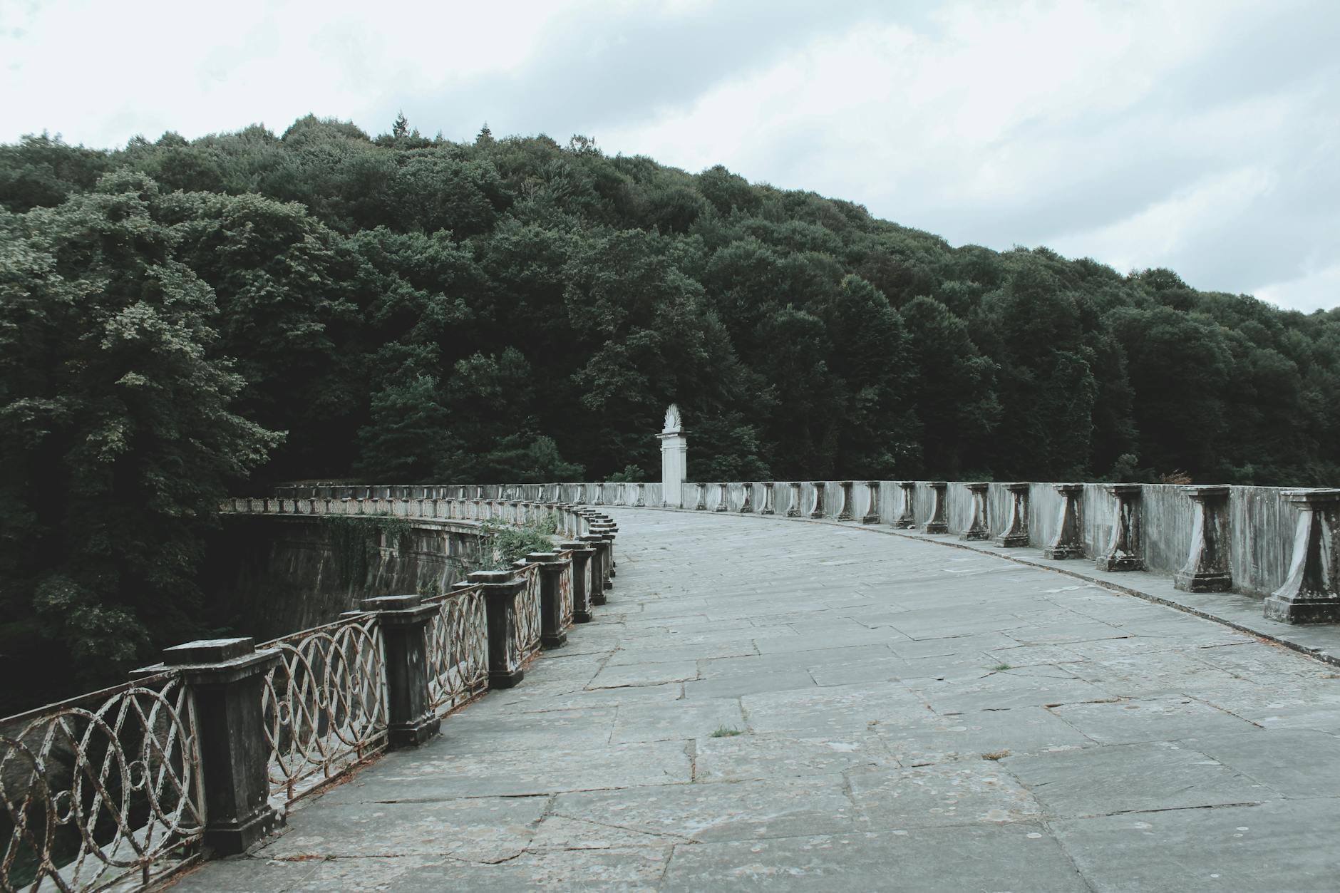 Ancien barrage ottoman en pierre s'étendant à travers la végétation de la forêt.